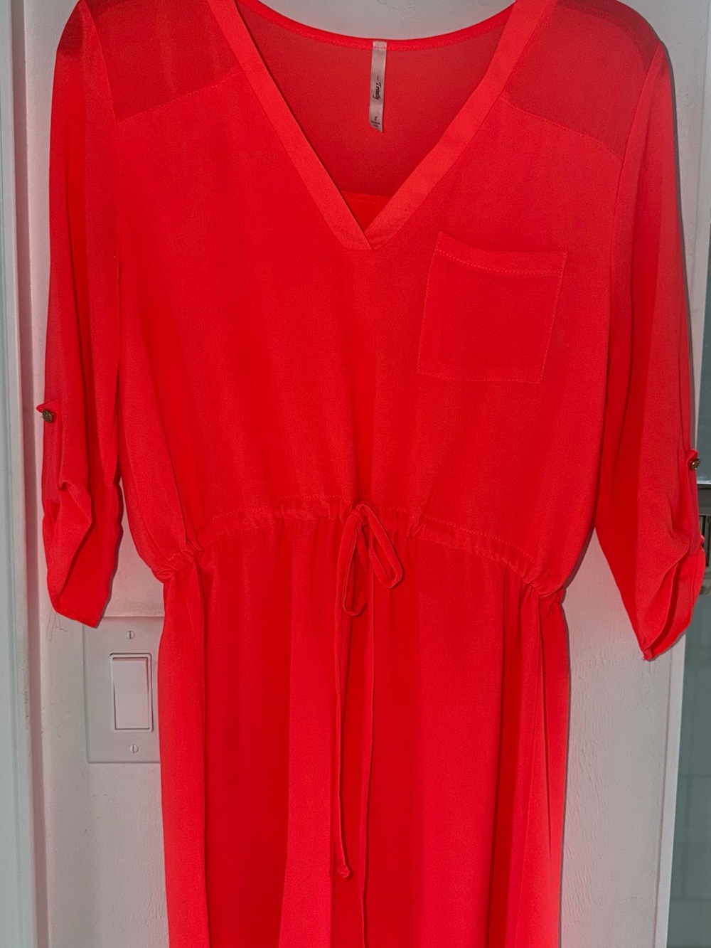 Trinity Coral-Red V-Neck Drawstring Mini Dress